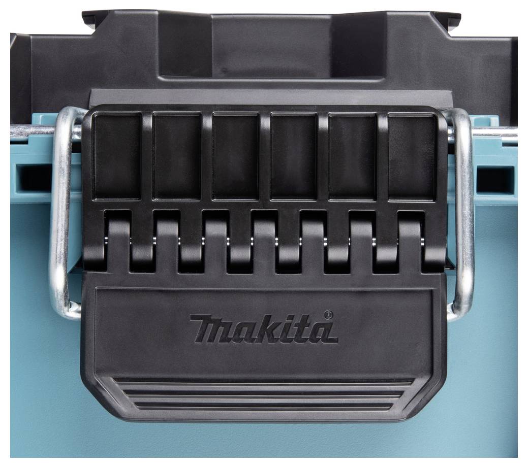 Logo 'Makita' sul fermo di una cassetta degli attrezzi nera e turchese.