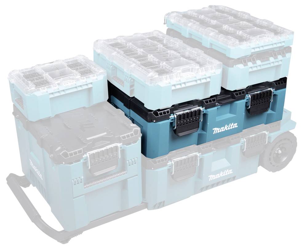 Scatole di stoccaggio utensili impilabili 'Makita' su un carrello con ruote, progettate per l'organizzazione e il facile trasporto.