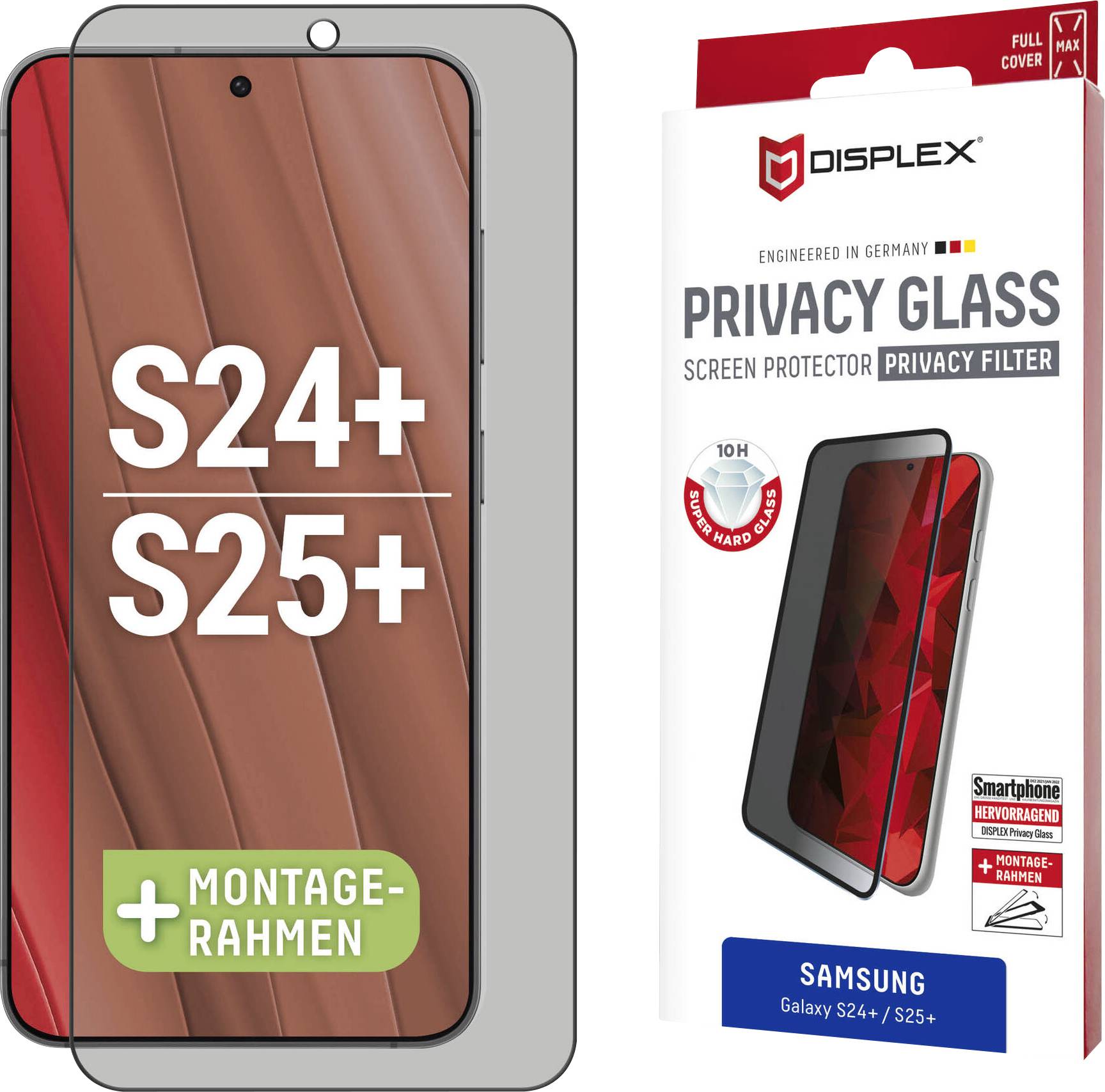 Pellicola protettiva per schermo per Samsung Galaxy S24+ e S25+, include cornice di installazione, filtro privacy, prodotto in Germania da Displex.