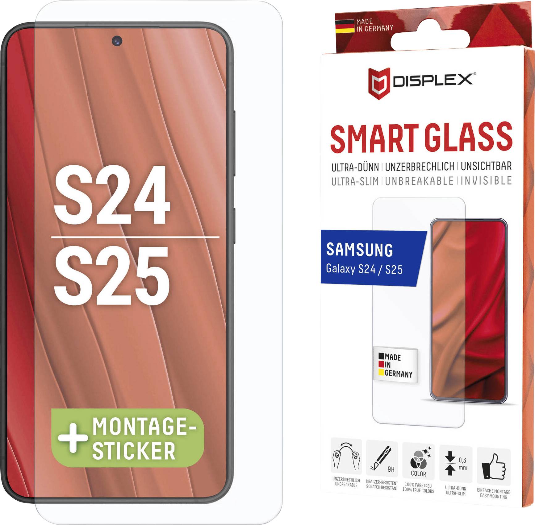 Protezione schermo 'Smart Glass' per Samsung Galaxy S24/S25 di Displex. Mostra immagine del prodotto, etichetta 'Made in Germany' e adesivo per l'installazione.