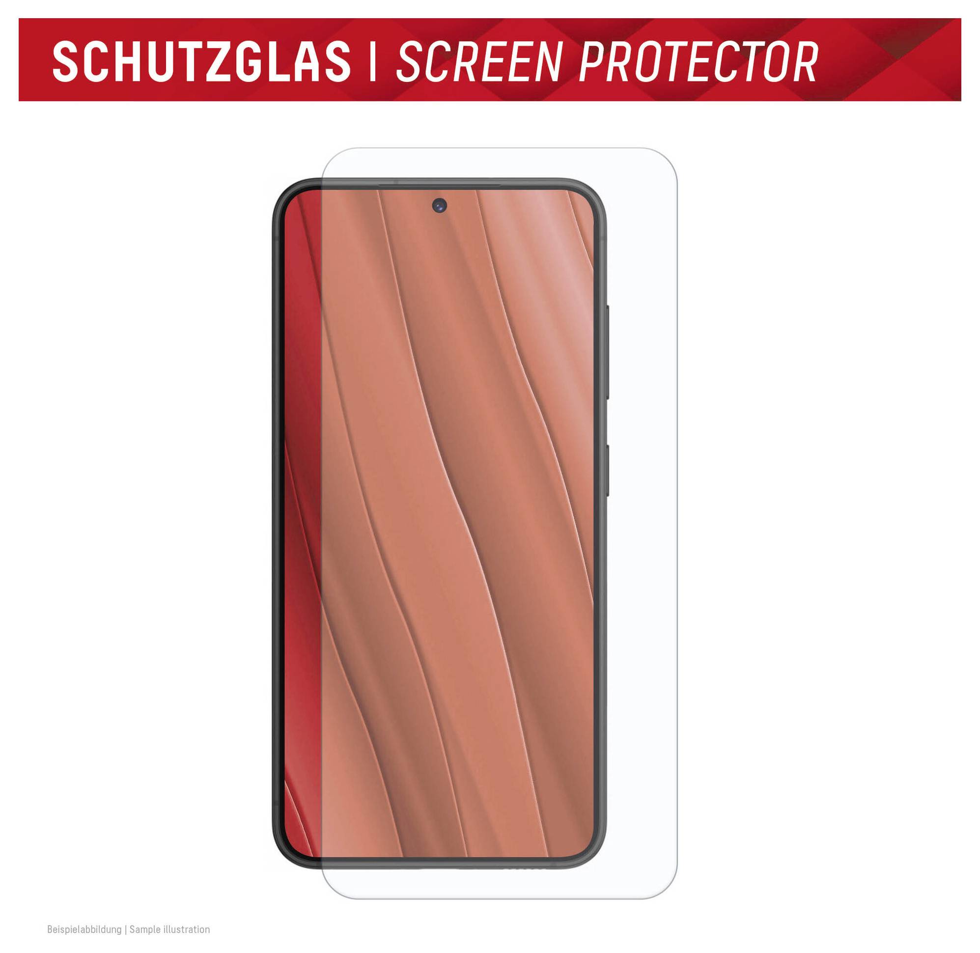 Uno smartphone con uno sfondo astratto rosso è sovrapposto a un'illustrazione di una pellicola protettiva etichettata 'Schutzglas | Screen Protector'.