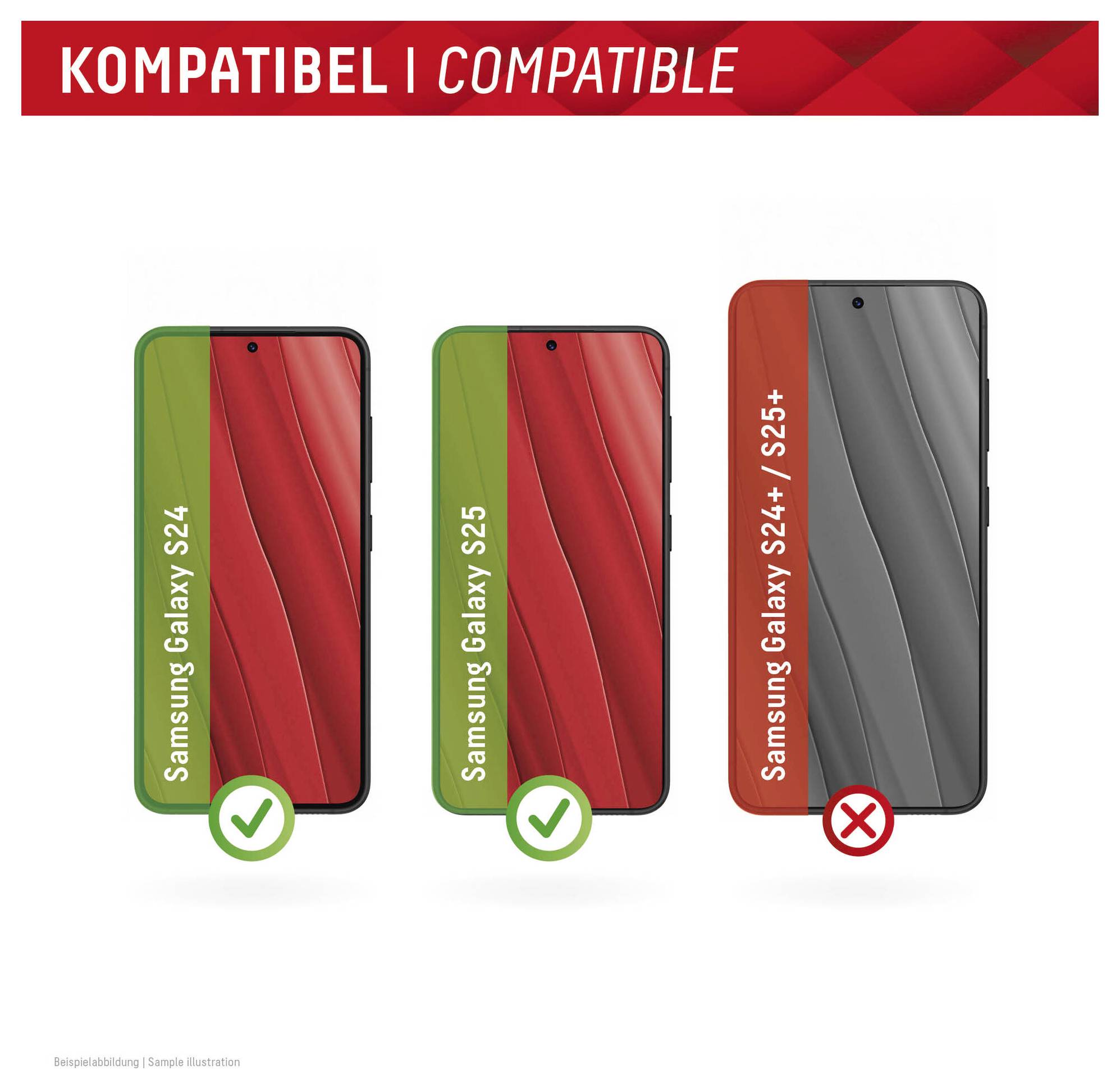 'Kompatibile | Compatibile' testo in alto. Tre smartphone visualizzati; due contrassegnati come compatibili con segni di spunta: 'Samsung Galaxy S24', 'Samsung Galaxy S24+'; uno contrassegnato come non compatibile con una X: 'Samsung Galaxy S25+'.