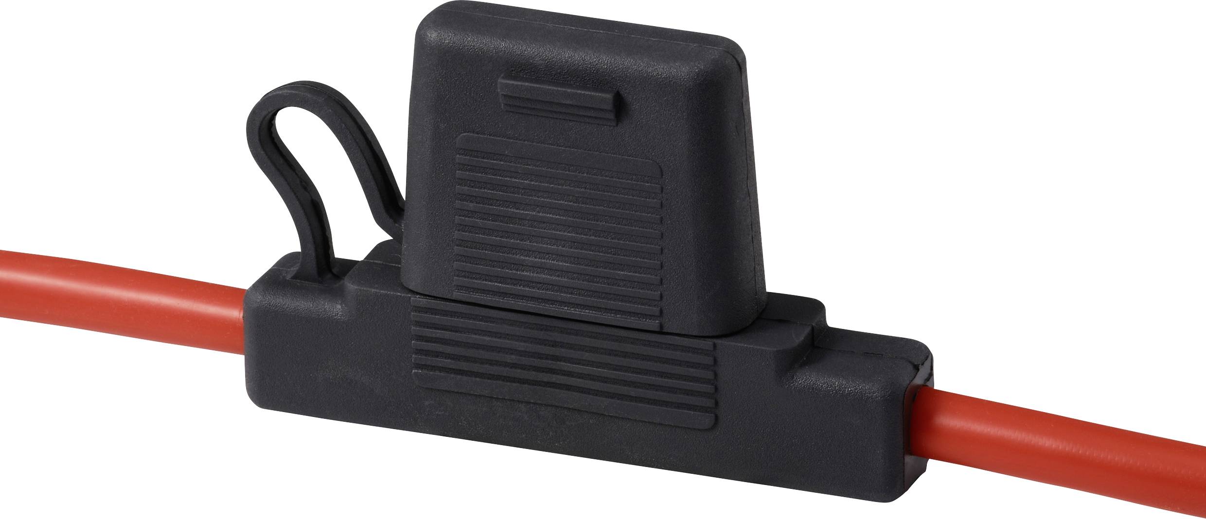 Un porta fusibile nero in linea con un laccio di gomma è attaccato a un filo elettrico rosso, utilizzato per proteggere i circuiti elettrici.