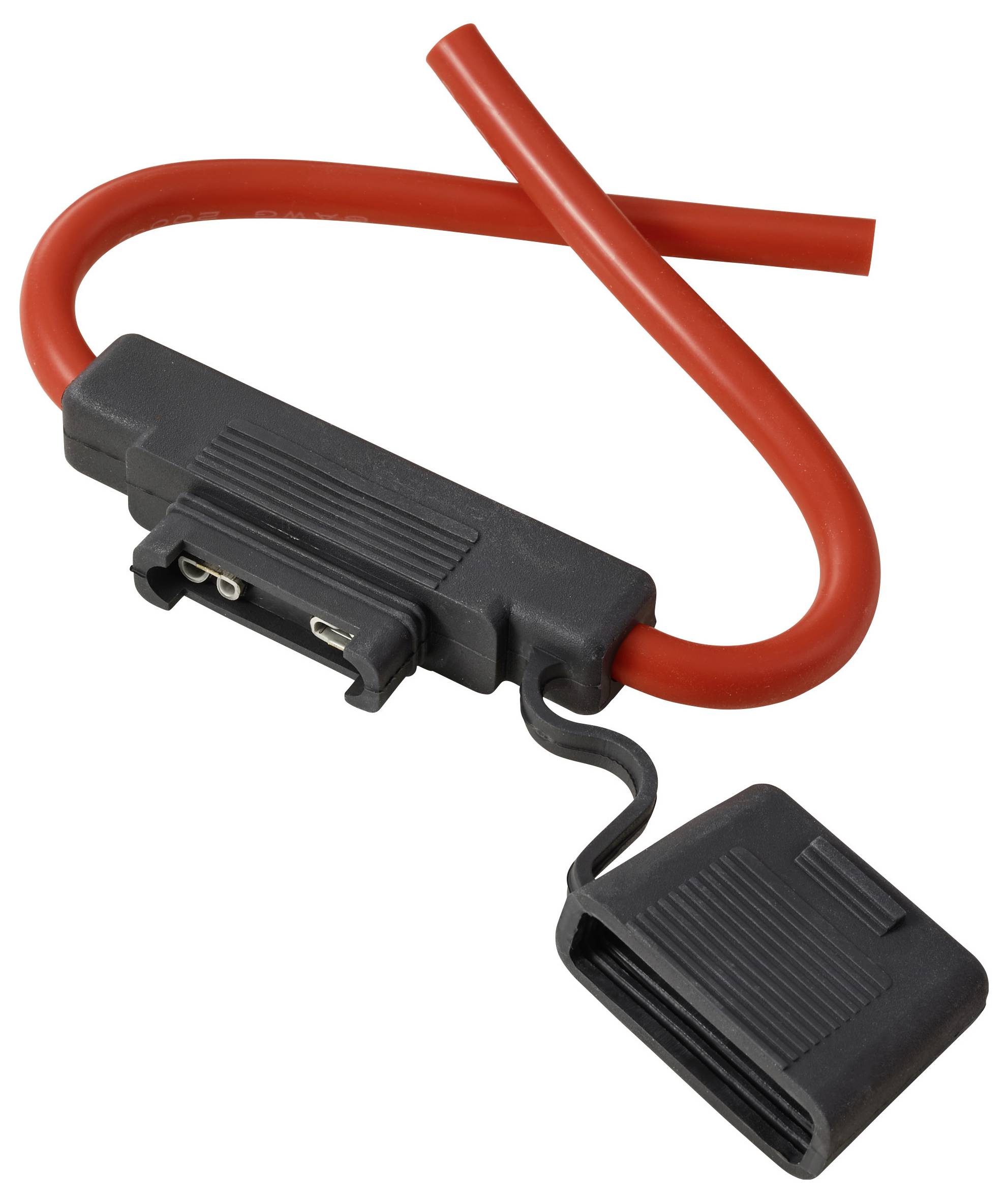 'Un cavo elettrico rosso con un portafusibile in linea nero, mostrato con il coperchio aperto, che rivela i contatti metallici all'interno.'