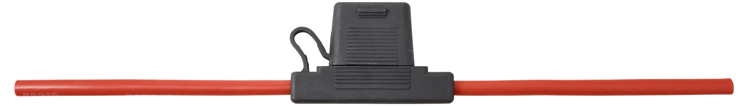 Un tubo rosso con un dispositivo di bloccaggio nero e rettangolare in cima, che fissa il tubo in posizione.