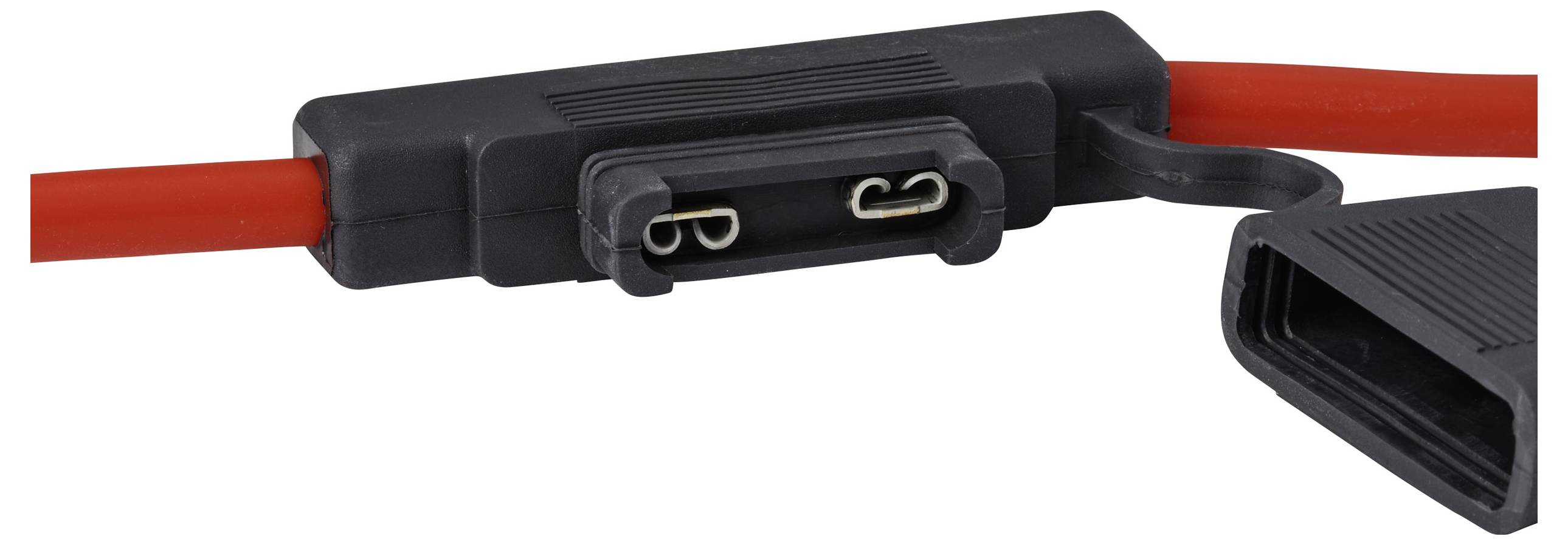 Un primo piano di un cavo di alimentazione rosso con un coperchio del connettore in plastica nera, che mostra due perni metallici all'interno del connettore.