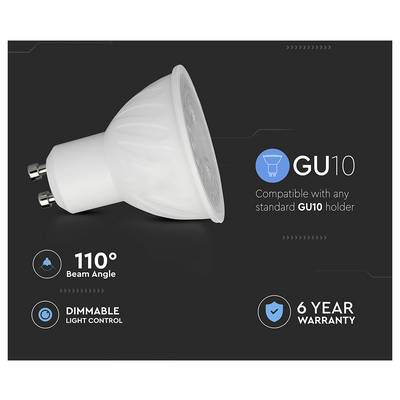 'Lampadina LED con angolo di diffusione di 110° e controllo della luminosità regolabile. Compatibile con attacco GU10. Include una garanzia di 6 anni.'