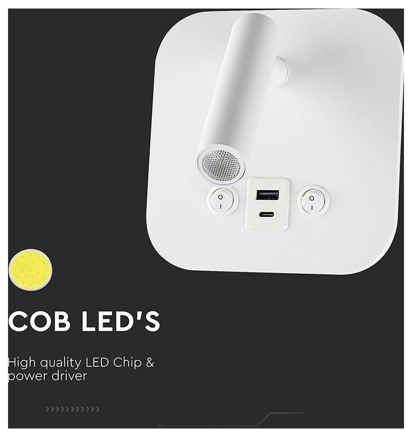 'COB LED': Immagine di un dispositivo di illuminazione a parete quadrato bianco con un cilindro luminoso, porta USB e pulsanti di accensione. Testo che recita 'Chip LED di alta qualità e alimentatore'.