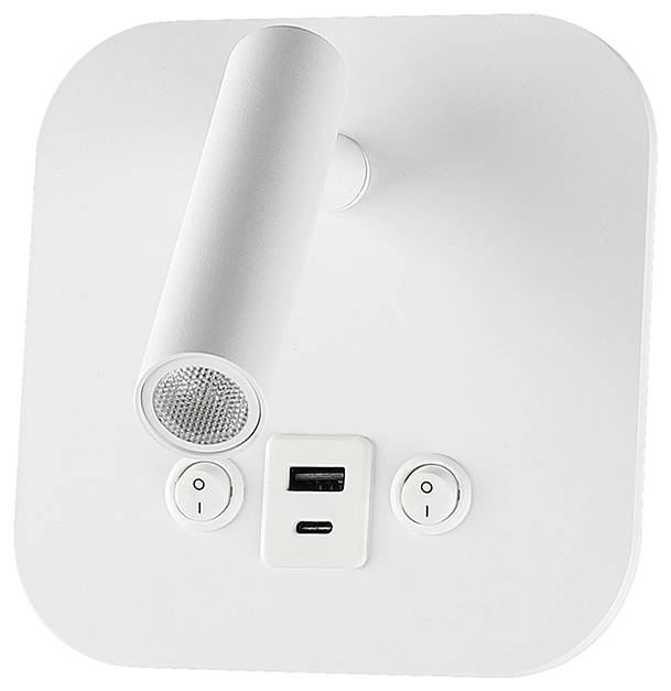 Un faretto da parete bianco con montaggio a muro, dotato di porta USB e due pulsanti rotondi, poggiato su una base quadrata, che evidenzia il suo design funzionale.