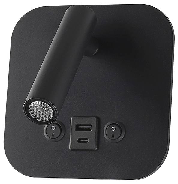 Luce da lettura nera a parete con testa cilindrica regolabile e porte USB, dotata di due interruttori circolari.