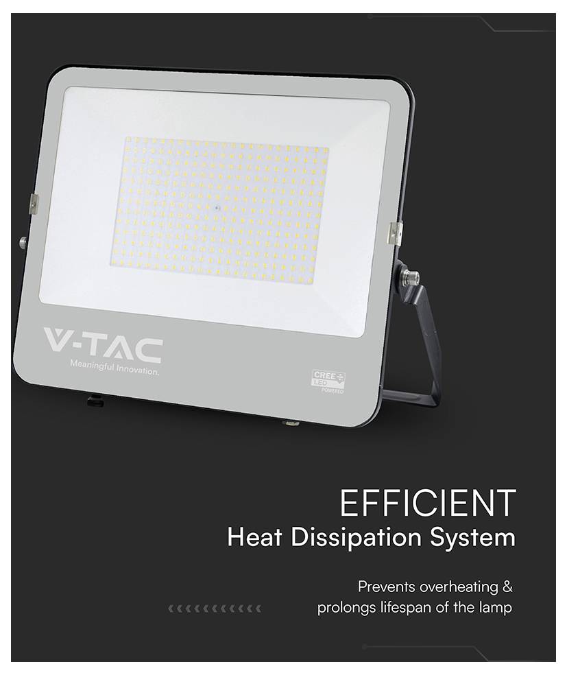 Proiettore LED con 'Sistema Efficiente di Dissipazione del Calore', progettato per prevenire il surriscaldamento ed estendere la durata della lampada.
