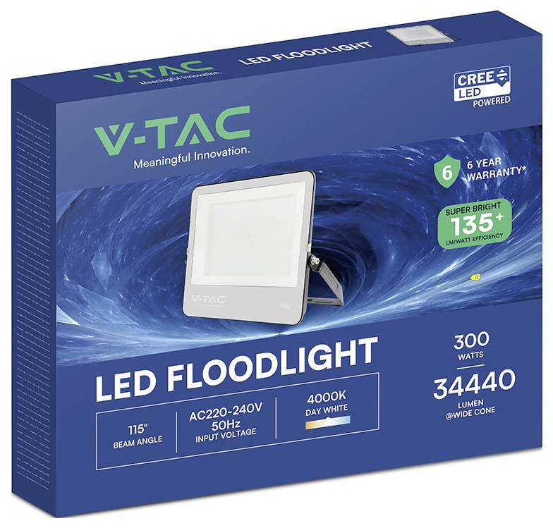 Confezione 'V-TAC Proiettore LED' indica 300W, 34440 lumen, 4000K bianco diurno, angolo di illuminazione 115°, garanzia di 6 anni, alimentato da LED Cree.