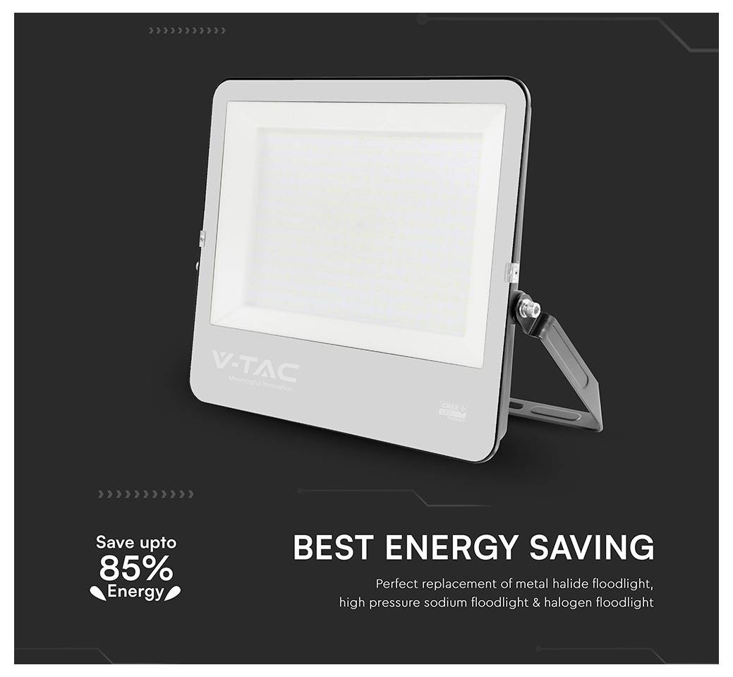 Un proiettore a LED con il testo 'Risparmia fino all'85% di energia. Il miglior risparmio energetico. Perfetto sostituto dei proiettori a ioduri metallici e alogeni.'