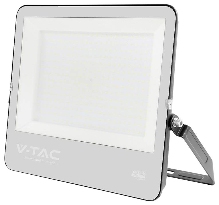 Un proiettore a LED con cornice rettangolare, etichettato 'V-TAC'; progettato per l'illuminazione esterna, con LED a risparmio energetico.