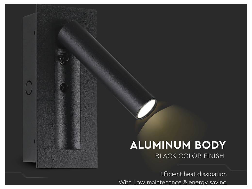 Luce LED in alluminio nero a parete. Il testo recita: 'Corpo in alluminio, Finitura di colore nero, Dissipazione efficiente del calore, Bassa manutenzione e risparmio energetico.'