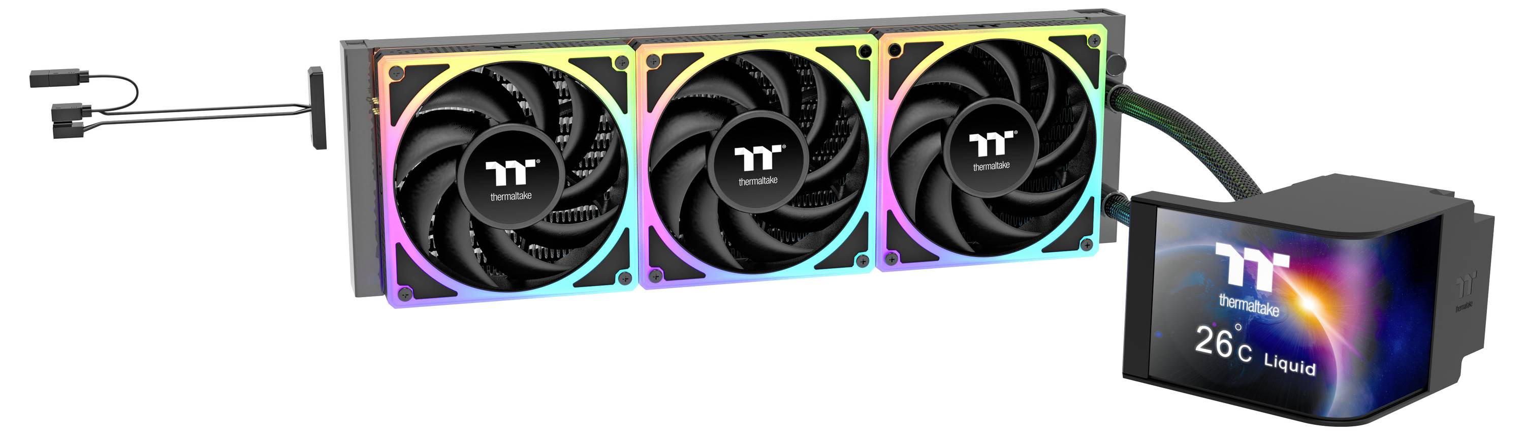 Un sistema di raffreddamento a liquido per computer che include tre ventole RGB e un display digitale che mostra '26°C temperatura liquido'.