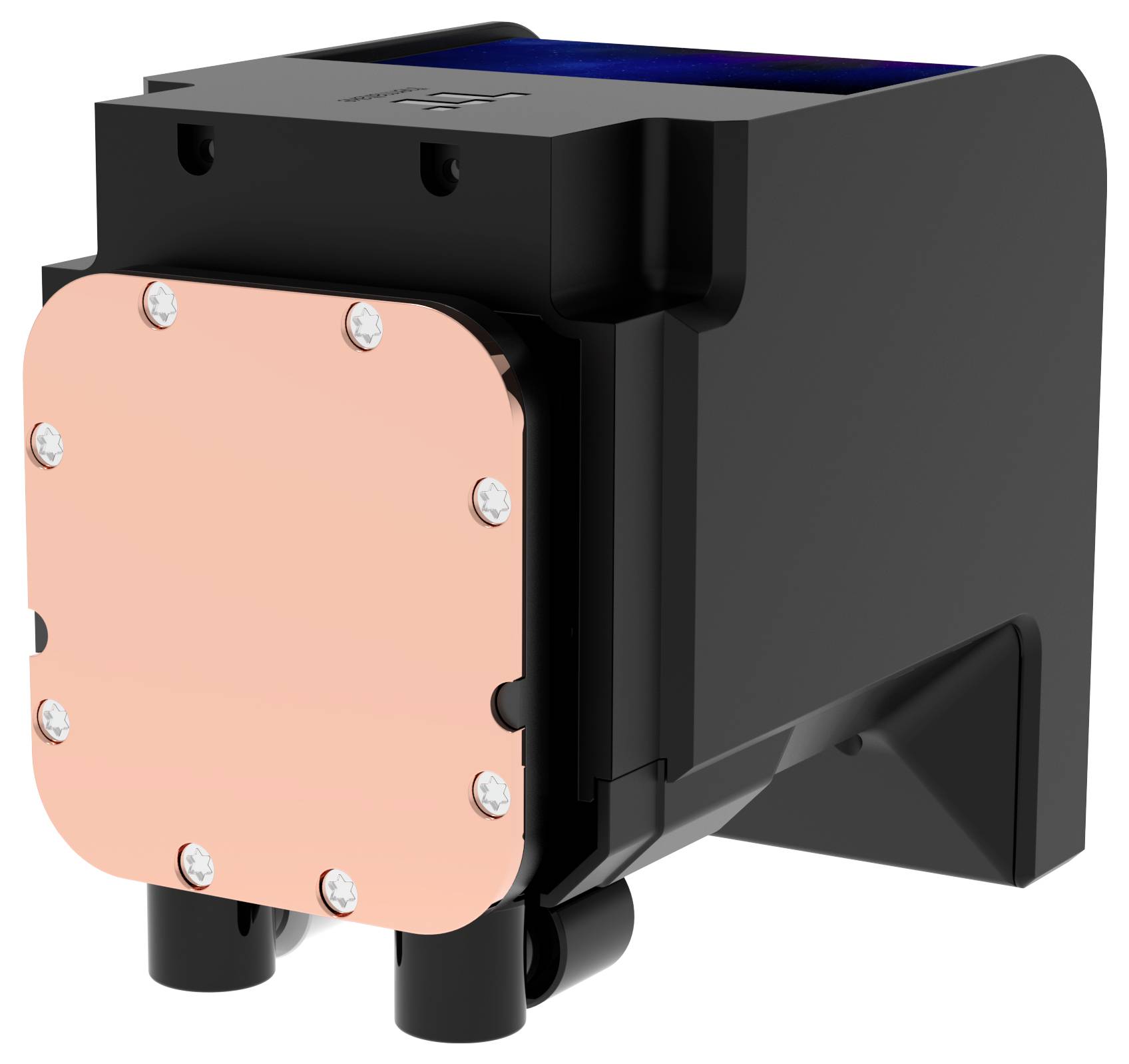 Un dispositivo elettronico nero rettangolare con una piastra di rame rosa sul davanti, con viti agli angoli, probabilmente utilizzato nei sistemi di raffreddamento.