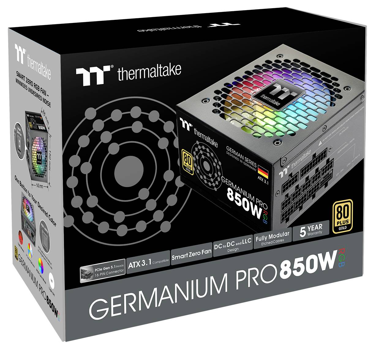 Alimentatore 'Germanium Pro 850W' di Thermaltake, con illuminazione RGB, certificazione 80 Plus Gold, garanzia di 5 anni e design modulare.