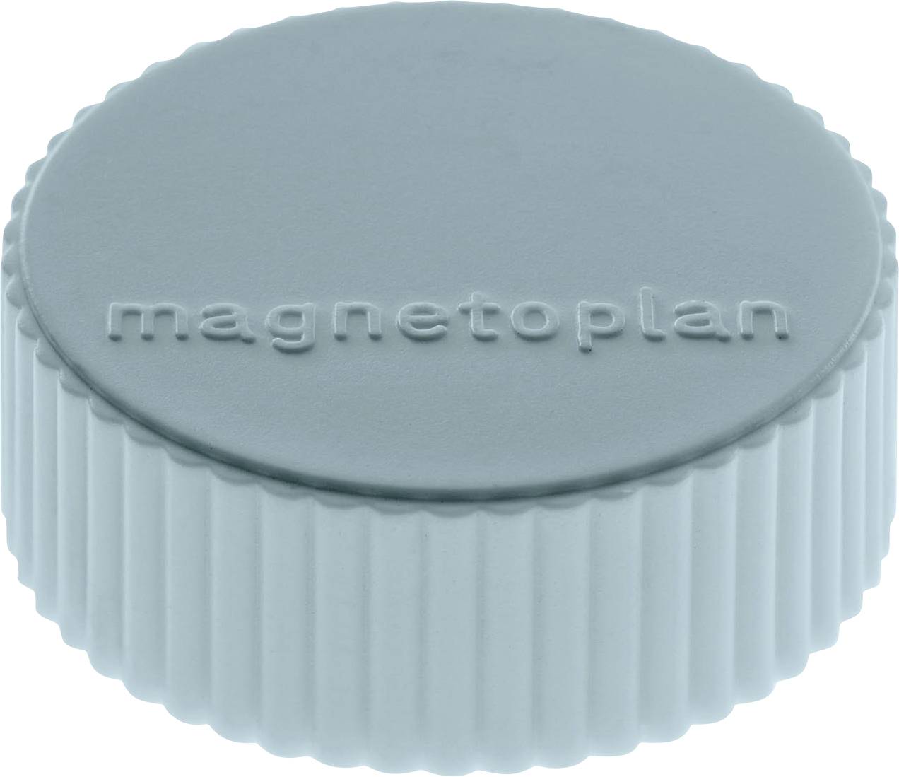 Un magnete rotondo azzurro chiaro con bordi striati e la parola 'magnetoplan' incisa sulla sua superficie piatta.