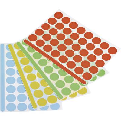 Fogli di pallini adesivi colorati in rosso, verde, giallo e blu, disposti in file, utilizzati per etichettare o organizzare.