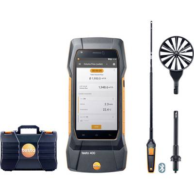 Kit di misurazione Testo 400 con misuratore digitale, custodia, sonda a palette e accessori abilitati Bluetooth per la misurazione del flusso d'aria e dei parametri ambientali.