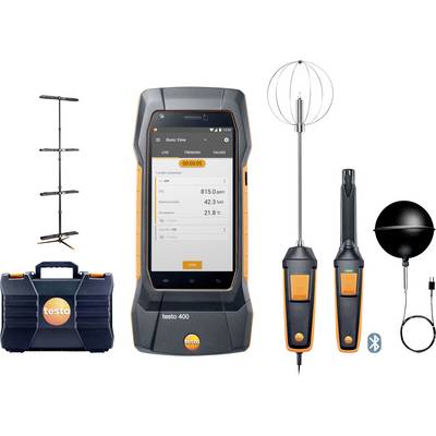 Dispositivo 'Testo 400' con sonde, custodia di trasporto e capacità Bluetooth visualizzato. Lo schermo mostra valori di misurazione della qualità dell'aria.