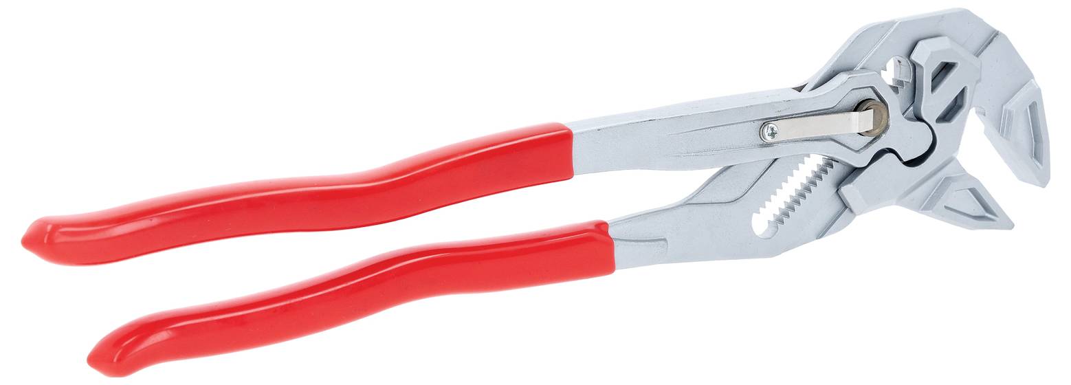 Pinze regolabili con corpo in metallo argentato e impugnature in gomma rossa, progettate per afferrare e ruotare oggetti di dimensioni diverse.