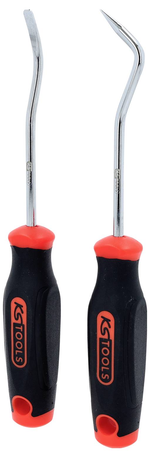 Due utensili ad uncino metallici con manici in gomma nera e rossa, con marchio 'KS Tools'.