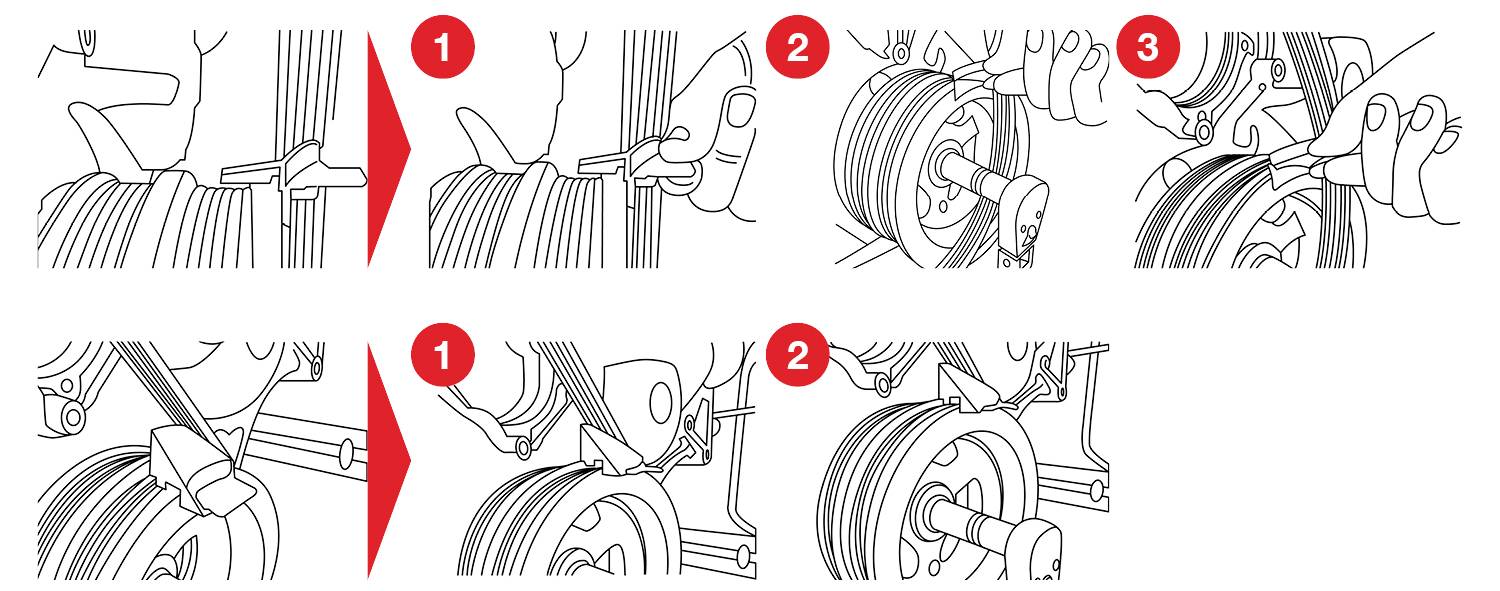 'Illustrazione passo-passo dell'installazione del cerchio posteriore della motocicletta: 1) Inserire la cinghia nella puleggia, 2) Posizionare il bullone nel cerchio, 3) Fissare i componenti.'