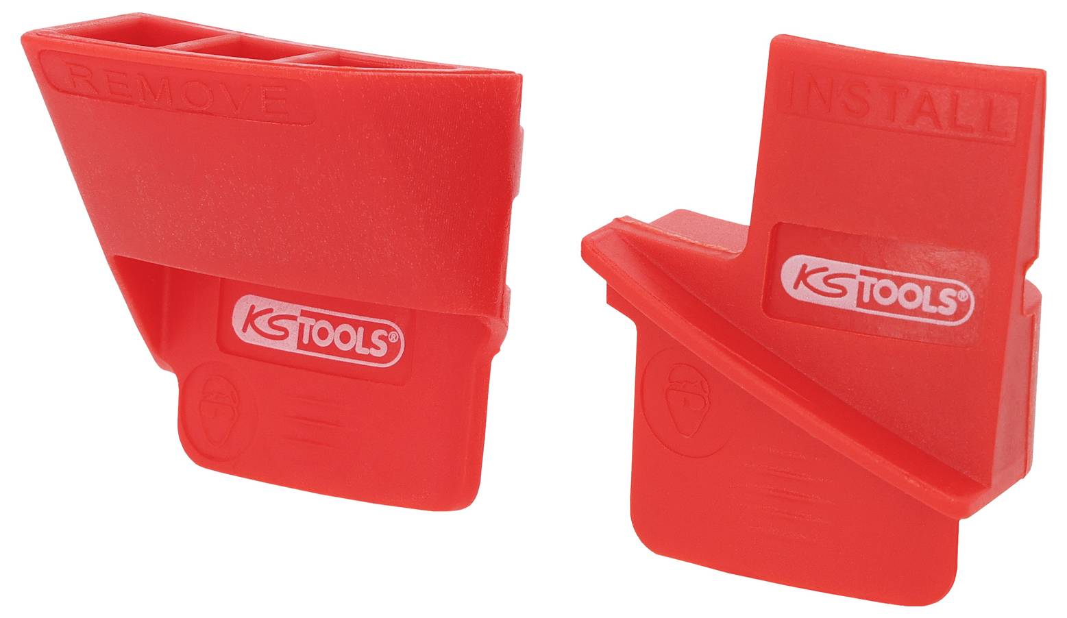 Due dispositivi KS Tools di colore rosso etichettati come 'RIMUOVI' e 'INSTALLA', utilizzati per compiti di montaggio, che mostrano forme distinte per la rimozione e l'installazione.