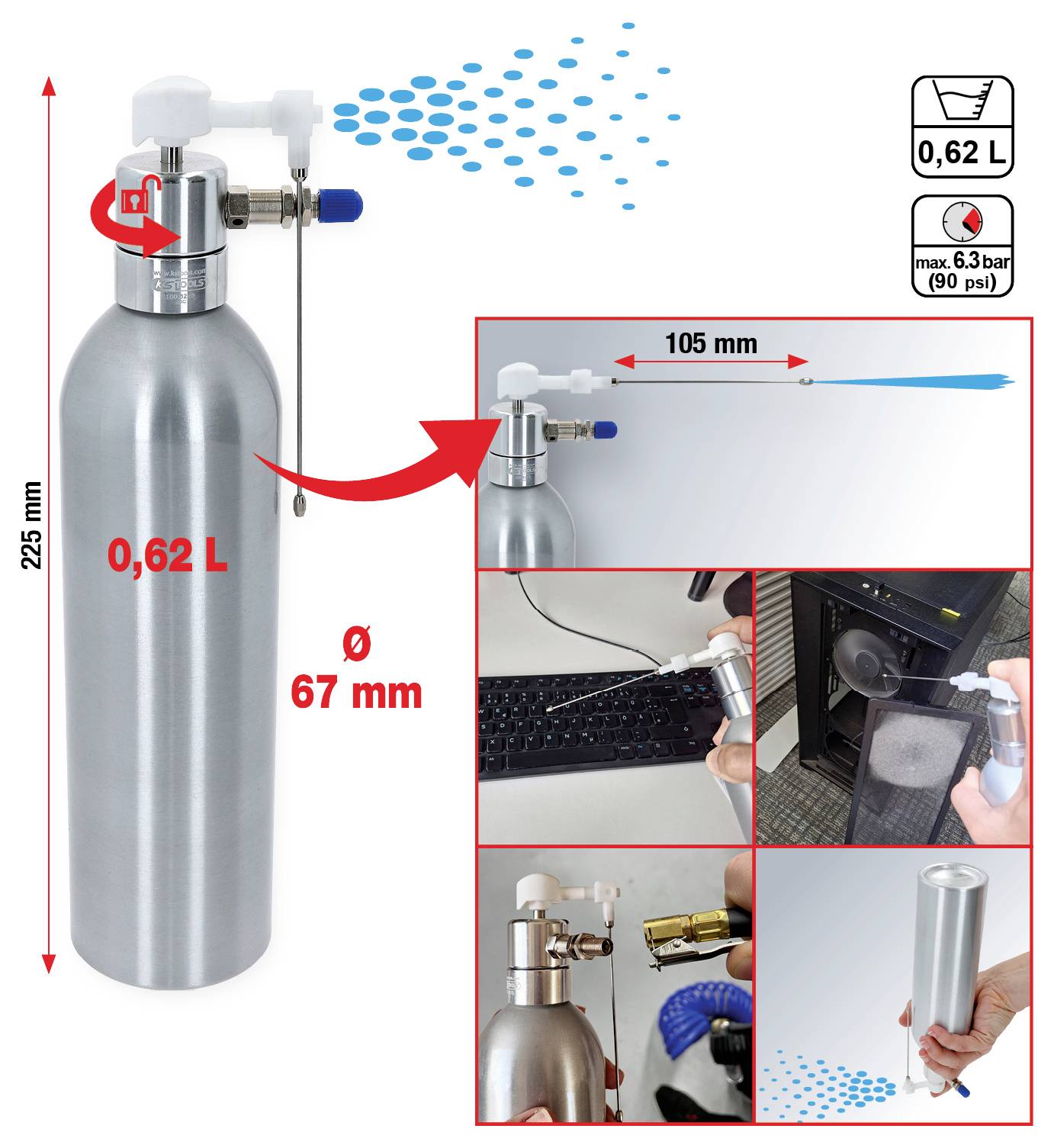 'Bottiglia di CO2 in argento, 0,62 L, diametro 67 mm, altezza 225 mm. Dimostrazione dell'uso dell'ugello spray su diversi oggetti. Pressione massima: 6,3 bar.'