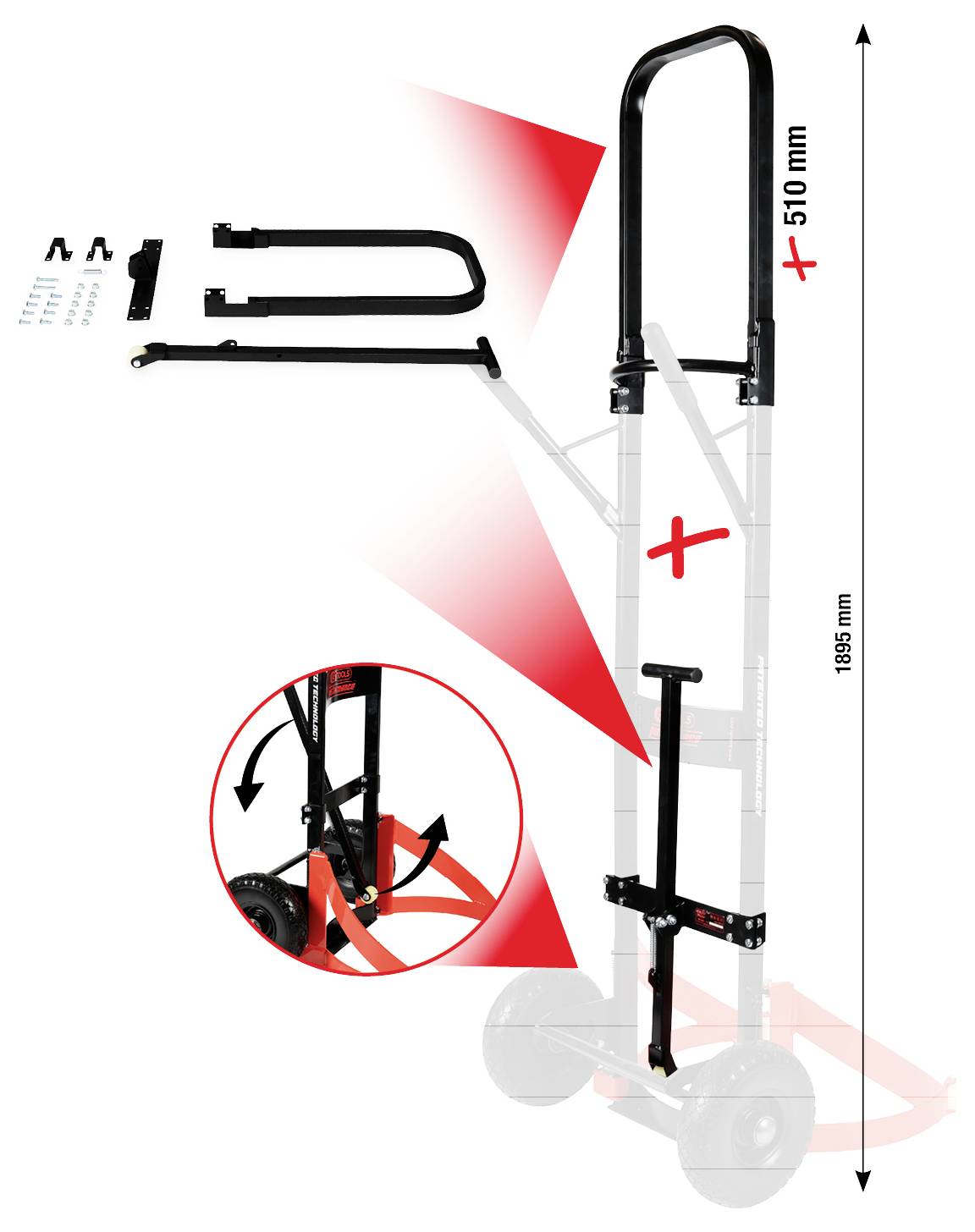 'Carrello manuale con impugnatura regolabile e accessori, estensibile fino a 510 mm. Altezza del telaio principale di 1895 mm. Include ferramenta per l'assemblaggio.'