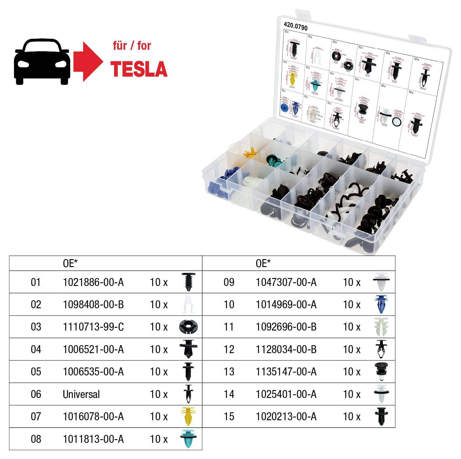 Kit di fissaggi in plastica per Tesla, include vari clips e ritenitori con numeri etichettati e quantità. La scatola contiene scomparti ordinati.