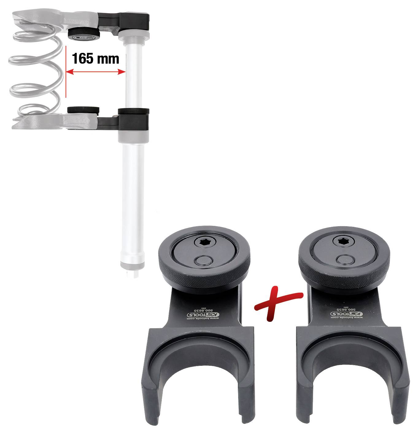L'immagine mostra un supporto per asta metallica con un meccanismo a molla, alto 165 mm, e due supporti per aste neri con un segno più tra di essi.