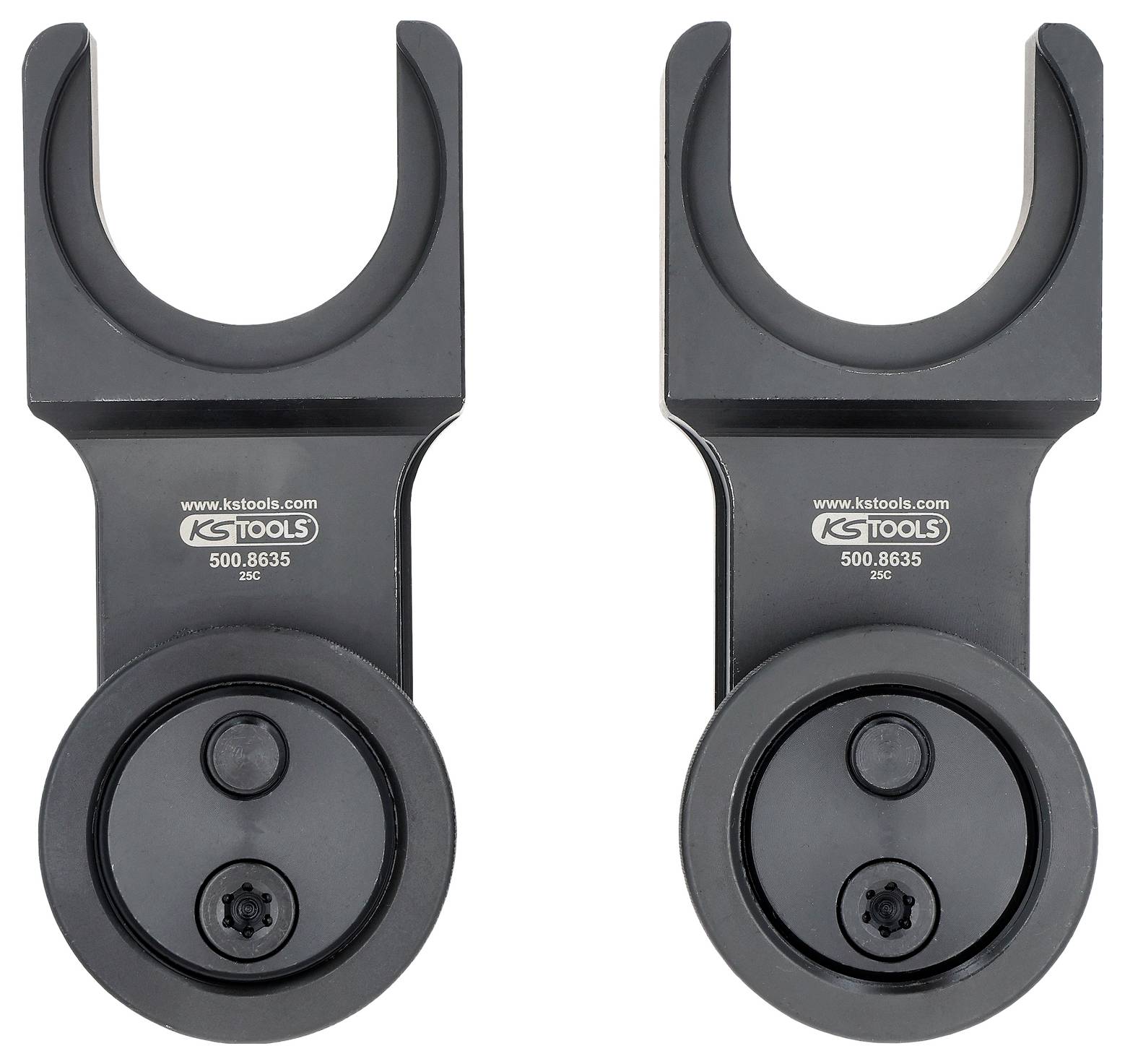 Due chiavi inglesi identiche di colore nero con un'apertura a U, etichettate 'K-TOOLS 500.8635', utilizzate per riparazioni automobilistiche o applicazioni meccaniche.