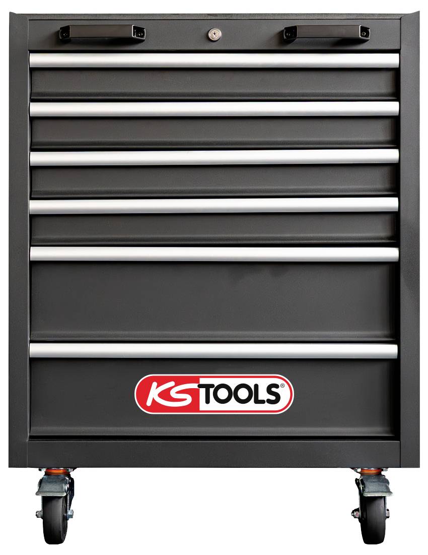 Un cassettone nero con sei cassetti e ruote, che presenta il logo 'KS Tools' nella parte anteriore inferiore.