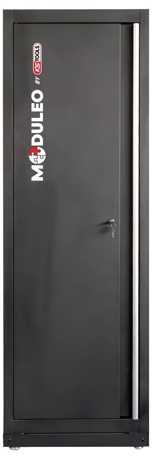 Armadio nero alto con un'unica porta, etichettato 'MODULEO by SECOMP' nella parte superiore. Dotato di maniglia e foro della serratura sul lato destro.