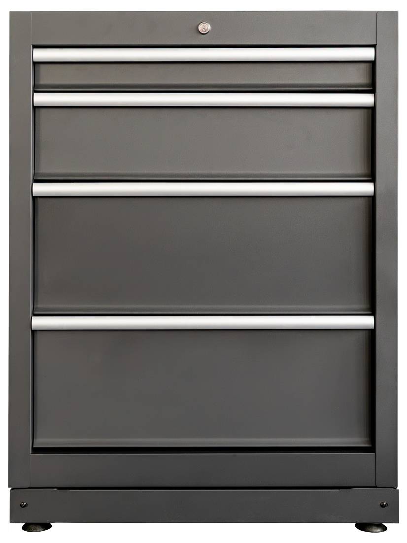 Un mobile da officina nero in metallo con quattro cassetti orizzontali e maniglie argentate, progettato per organizzare utensili o forniture.