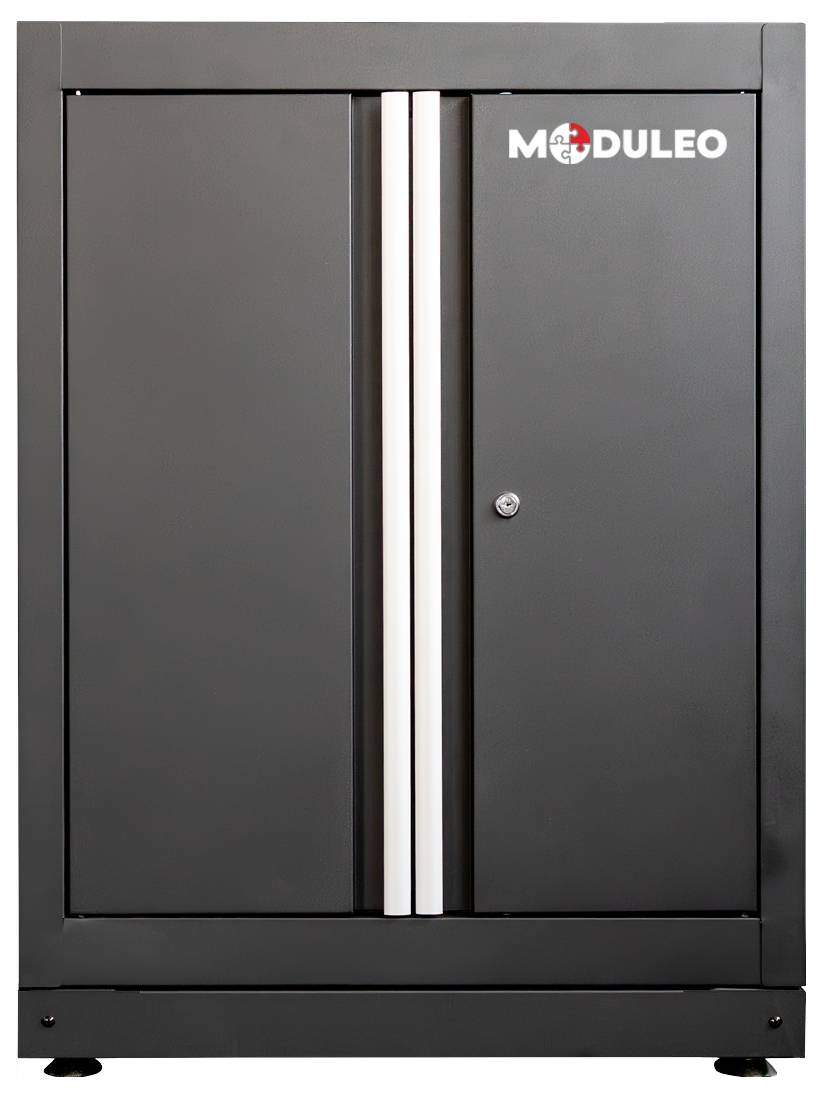 Un armadietto metallico nero con una porta chiudibile a lucchetto, con la parola 'MODULEO' nell'angolo in alto a destra.