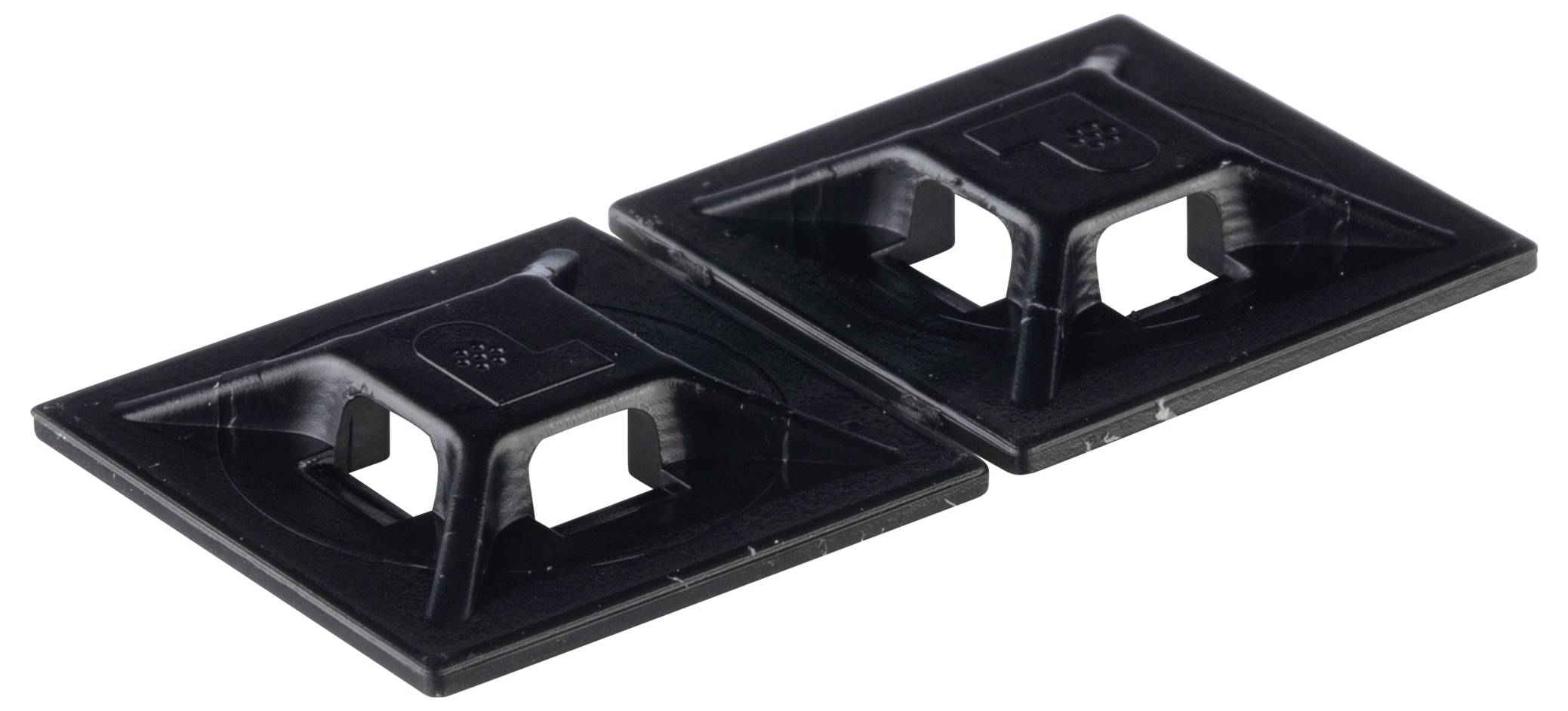 'Due supporti quadrati neri per fascette, con retro adesivo, progettati per fissare cavi o fili su superfici piane.'