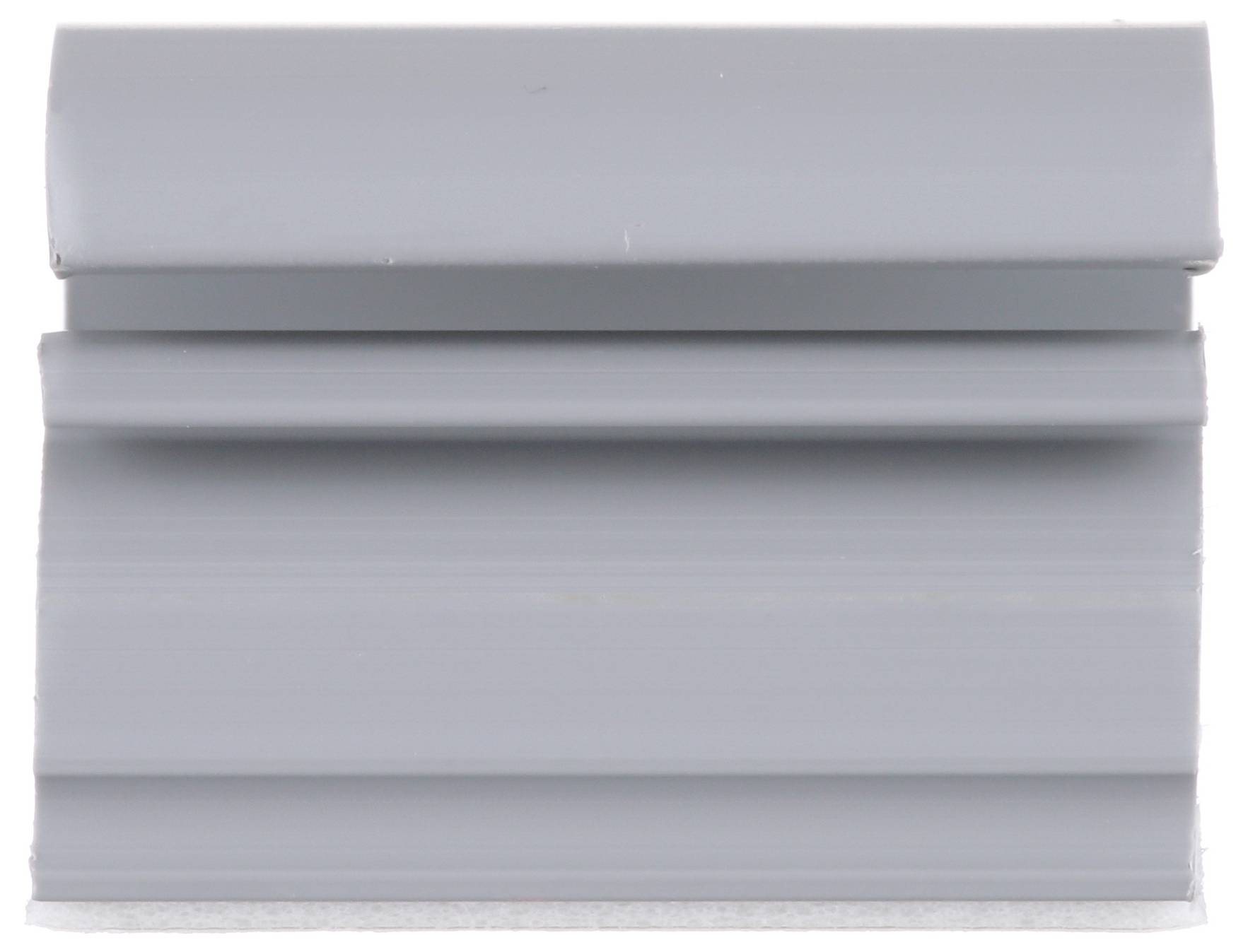 Un portacard grigio in plastica con un design semplice e rettangolare, che presenta due scanalature orizzontali che corrono attraverso il suo centro.
