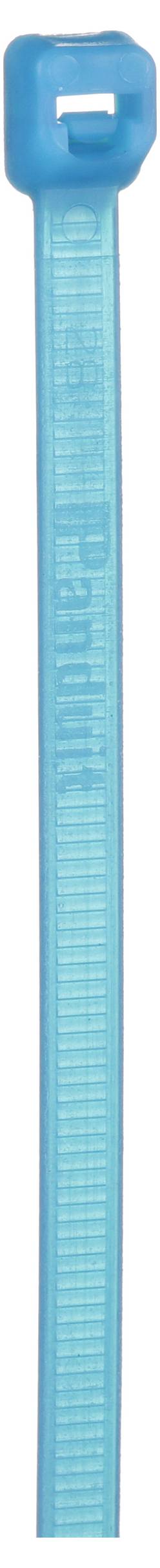 Un fascetta stringicavo blu in plastica con un gancetto rettangolare in alto.
