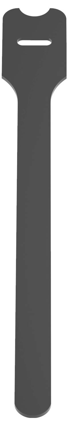 Un singolo fascetta per cavi di colore nero utilizzata per organizzare o fissare fili, con un cappio a un'estremità per l'aggancio.