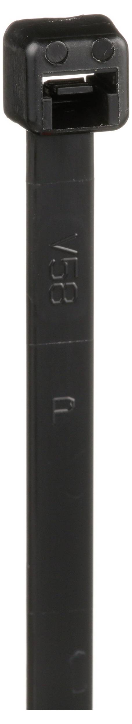 Un fascetta stringicavo nero in nylon con testa rettangolare per fissare oggetti, con un numero '138' inciso sulla fascetta.