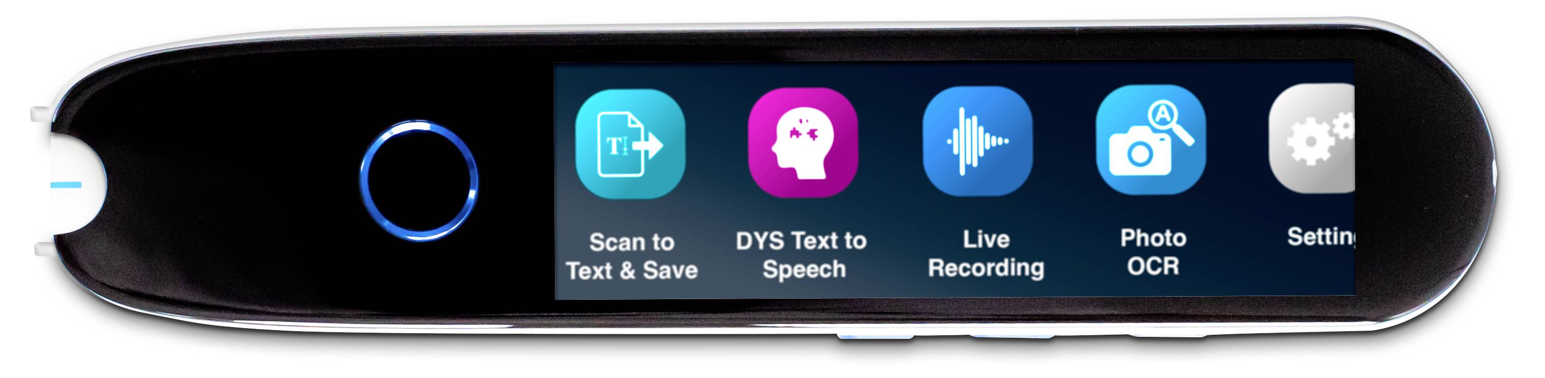 Un dispositivo scanner portatile che mostra le seguenti funzionalità: 'Scansiona in Testo e Salva', 'DYS Testo-Voce', 'Registrazione dal Vivo', 'OCR Foto', 'Impostazioni'.