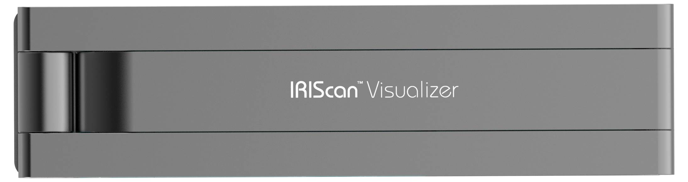 Un dispositivo rettangolare grigio con il testo 'IRIScan Visualizer' stampato sopra, probabilmente utilizzato per la scansione o la visualizzazione di documenti.