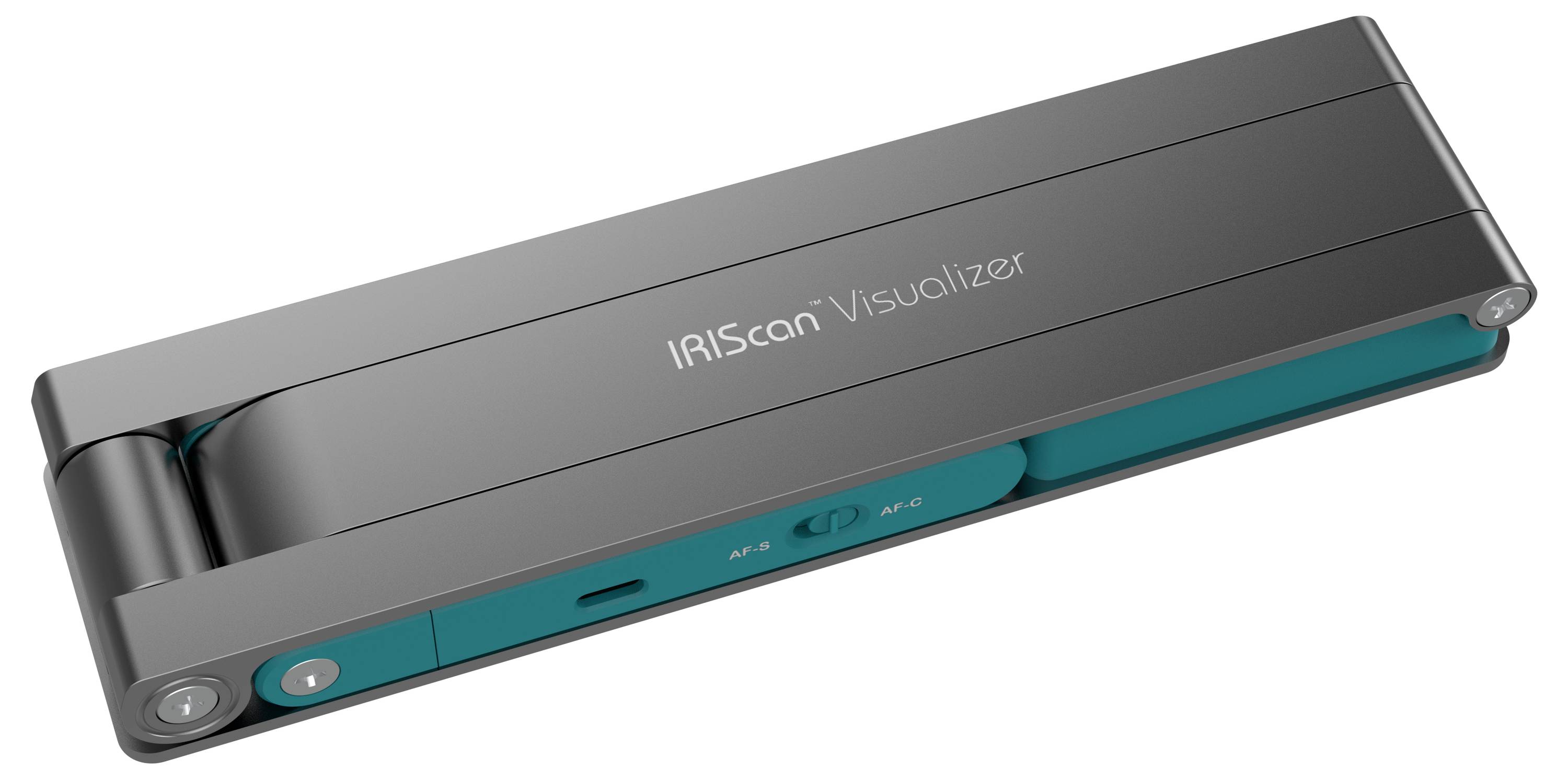 Scanner portatile per documenti con un design sottile in grigio, con il testo 'IRIScan Visualizer' in alto; si piega per un facile immagazzinamento e trasporto.