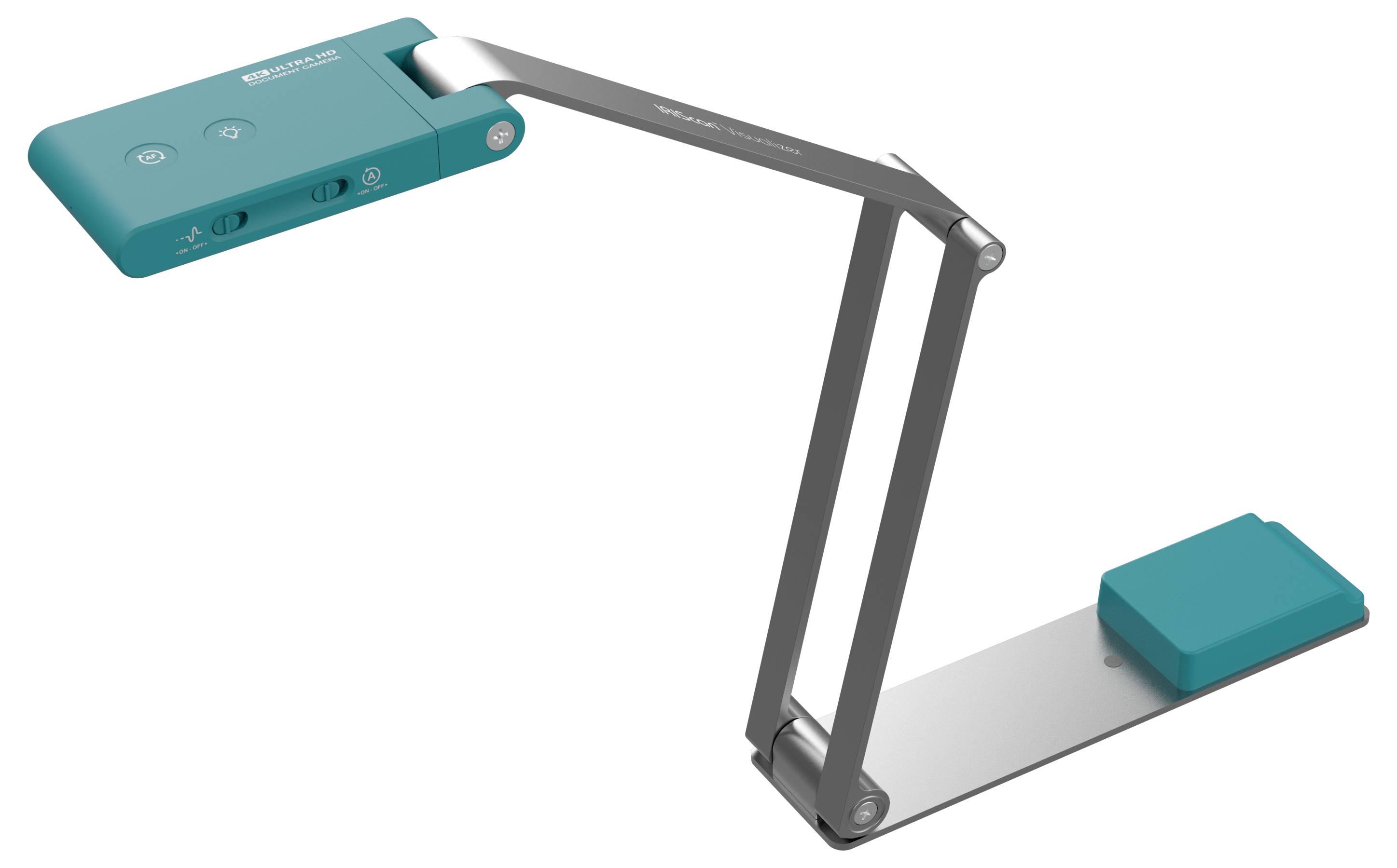 Una lampada da scrivania regolabile in teal e grigio con un design moderno, dotata di un braccio flessibile e una base stabile.