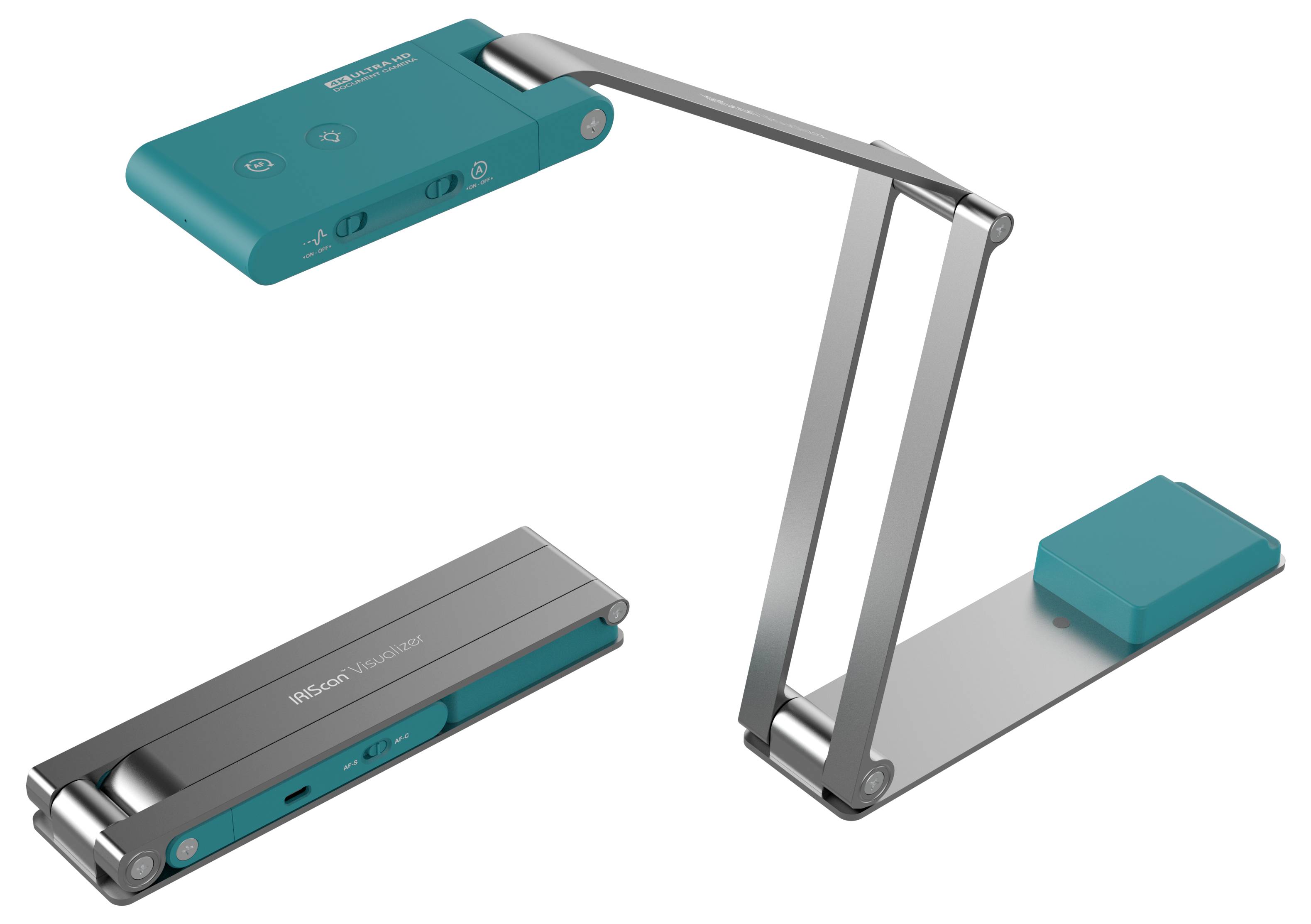 Una lampada da scrivania LED pieghevole con corpo color turchese, dotata di comandi touch e un design elegante e moderno, adatta a interni contemporanei.