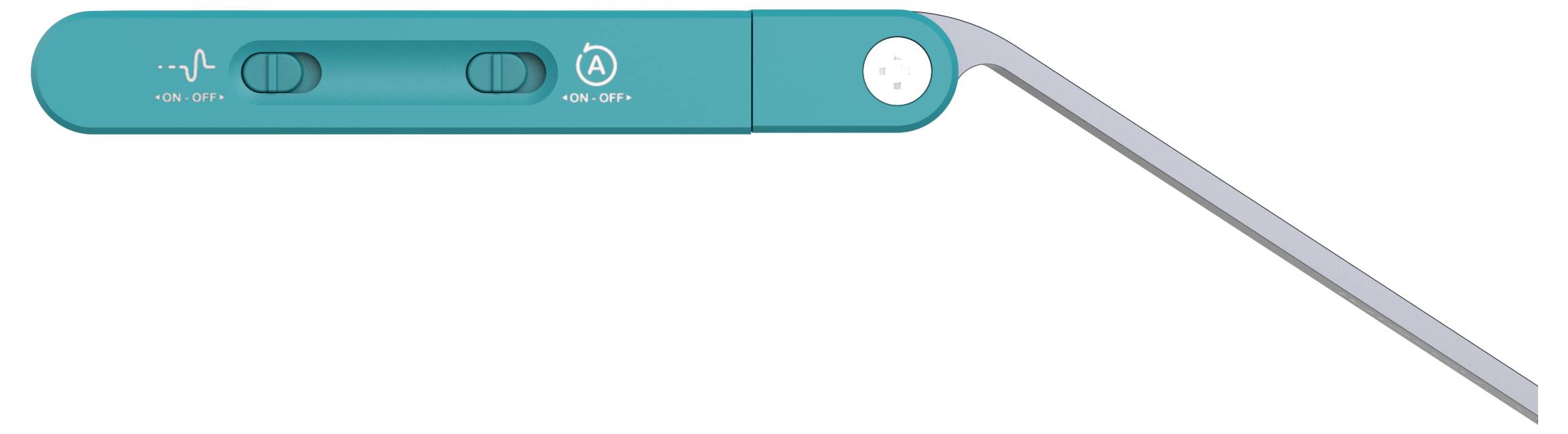 Un utensile a forma di L color turchese con interruttori etichettati 'on/off' e 'A'. Un pulsante circolare e un'estensione piatta sono presenti sul lato destro.